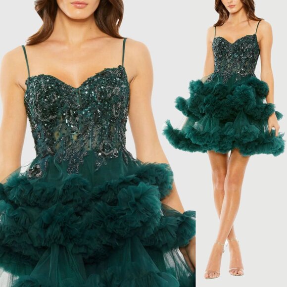 Mac Duggal 20645 Size 8 Green Beaded Corset Bustier Bodice Ruffled Tulle Dress - Picture 1 of 4
